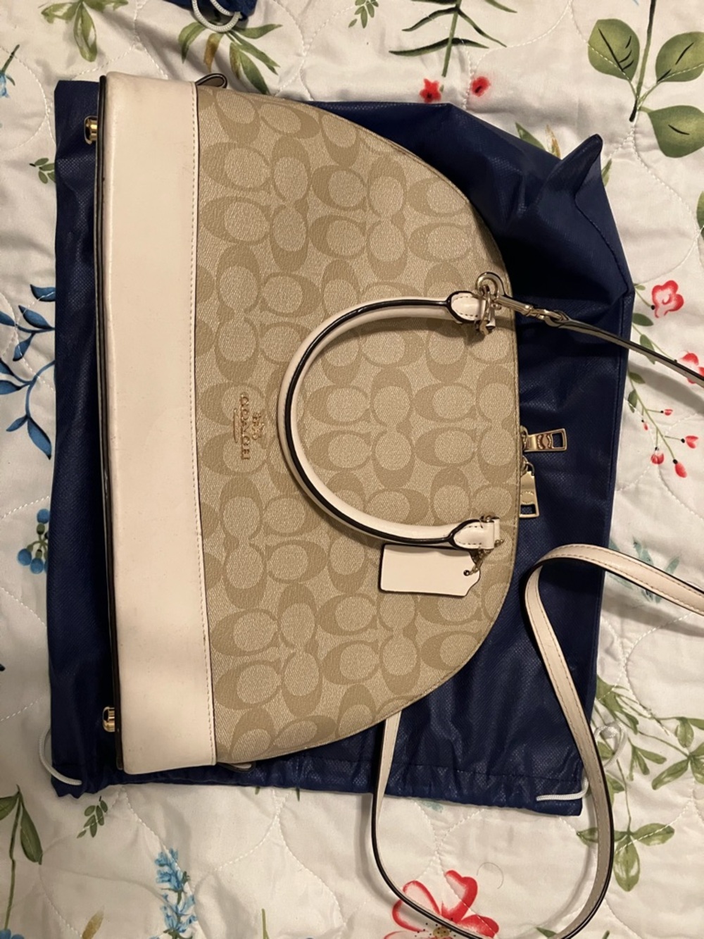 Coach Khaki Signature Dome Satchel with Chalk Trim